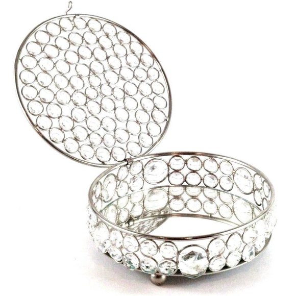 Crystal Trinket Round Organizer Mirrored Jewelry Chrome Accents Keepsake Chest - Picture 2 of 8